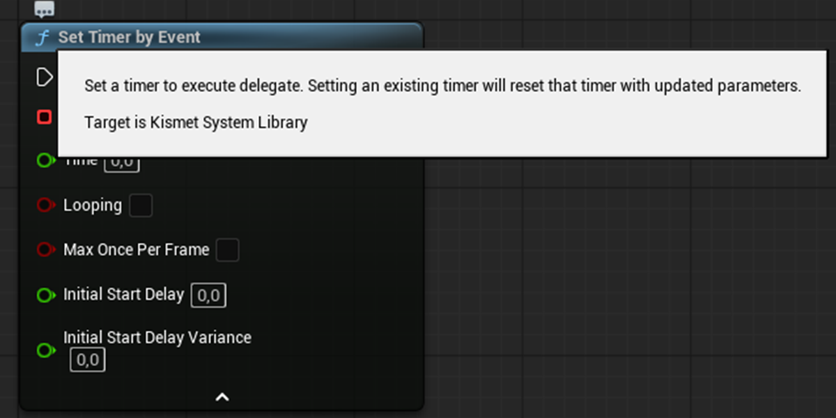 Tooltip of the Set Timer by Event node: two sentences of description and the line Target is Kismet System Library, with no mention of the behavior when Time <= 0