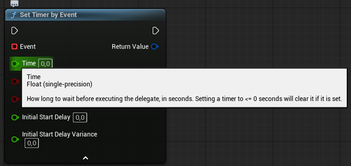 Tooltip of the Time pin on the same node: the full description, including the sentence about clearing the timer when the value is less than or equal to zero